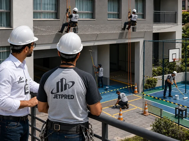 Equipe JETpred em pintura de fachada, garagem, vagas e quadra de condomínio